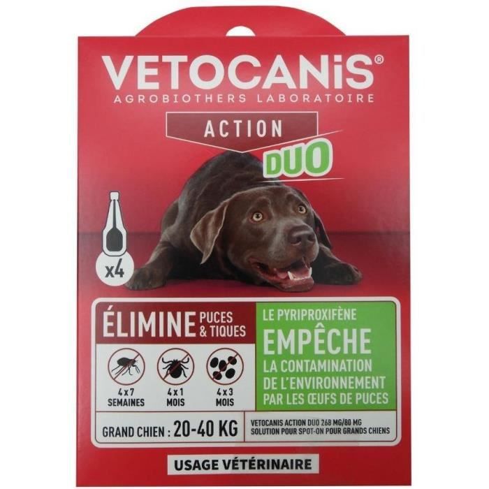 Comparer les prix de Pipettes - VETOCANIS - x4 Pipettes Anti-puces et tiques Duo 268mg/80mg pour Grands Chiens