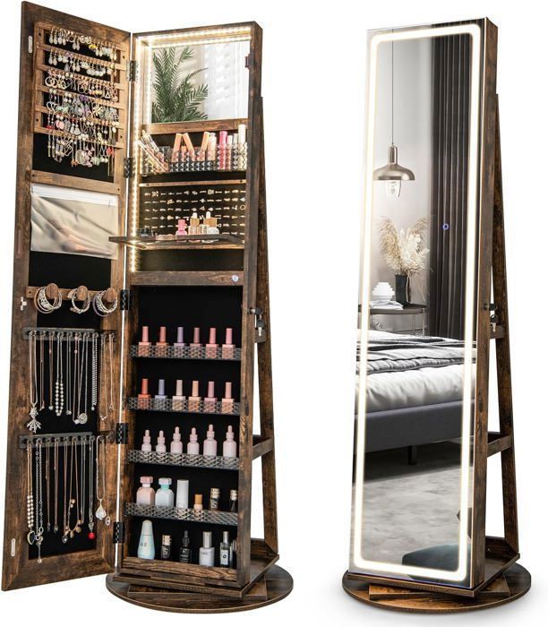 GOPLUS Armoire à Bijoux Pivotante à 360° avec Lumières LED/Miroir Pleine Longueur- Verrouillable avec Étagères de Rangement Marron