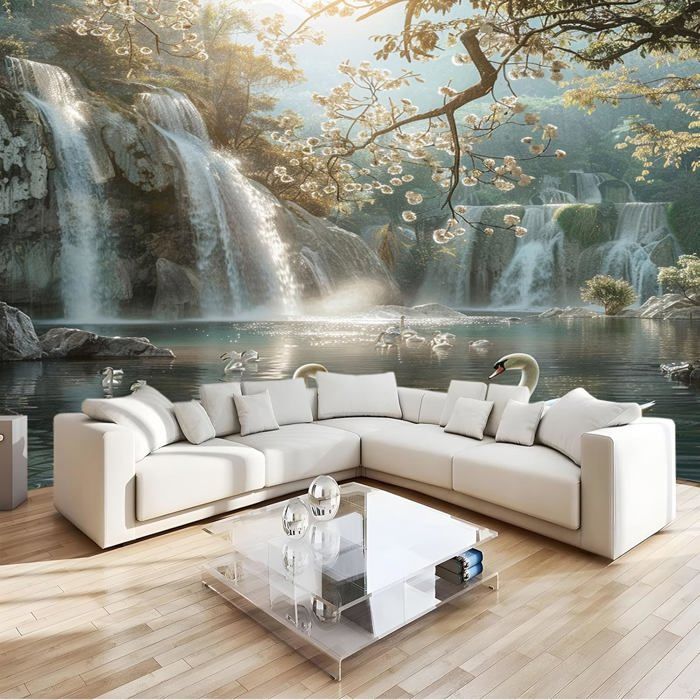 Papier Peint Panoramique 350x256 cm lac avec cascade naturelle Papier ...