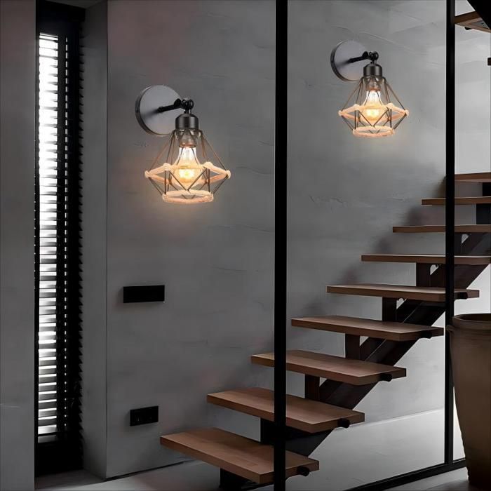 WOTTES Applique Murale en Bois Cuisine E27 Lampe Murale Vintage Industrielle Ø16cm Cage en Métal et Corde de Chanvre Noir 2pcs