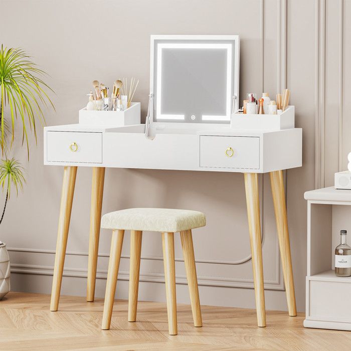 Coiffeuse blanche avec miroir LED tricolore, tabouret, 3 tiroirs, 2