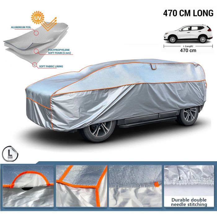 Bâche de Protection Auto Housse pour Voiture et SUV avec Doublure Anti-grêle Imperméable en Aluminium Taille L – 470 cm