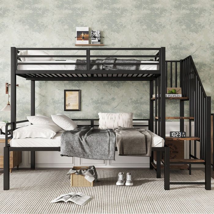 Lit superposé 90x200+120x200cm lit enfant avec sommier lattes Lit 2 places，Lit mezzanine，lit adolescents Escaliers， fer+MDF noir