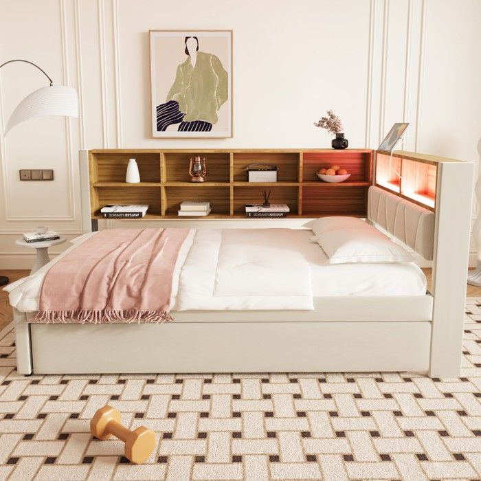 Lit Simple Canapé convertible 90x200 lit gigogne 90x190 LED rangements tapissé multifonctionnel flanelle beige - sans Matelas Lit Simple Canapé convertible 90x200 lit gigogne 90x190 LED rangements tapissé multifonctionnel flanelle beige - sans Matelas