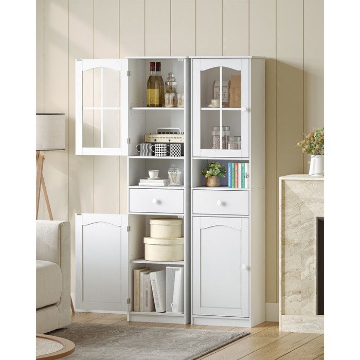 Meuble Salle De Bain Hzuaneri - Armoire Rangement Haute 40x30x170cm Avec Porte Vitrée, Tiroir Et Étagères Réglables - Blanc
