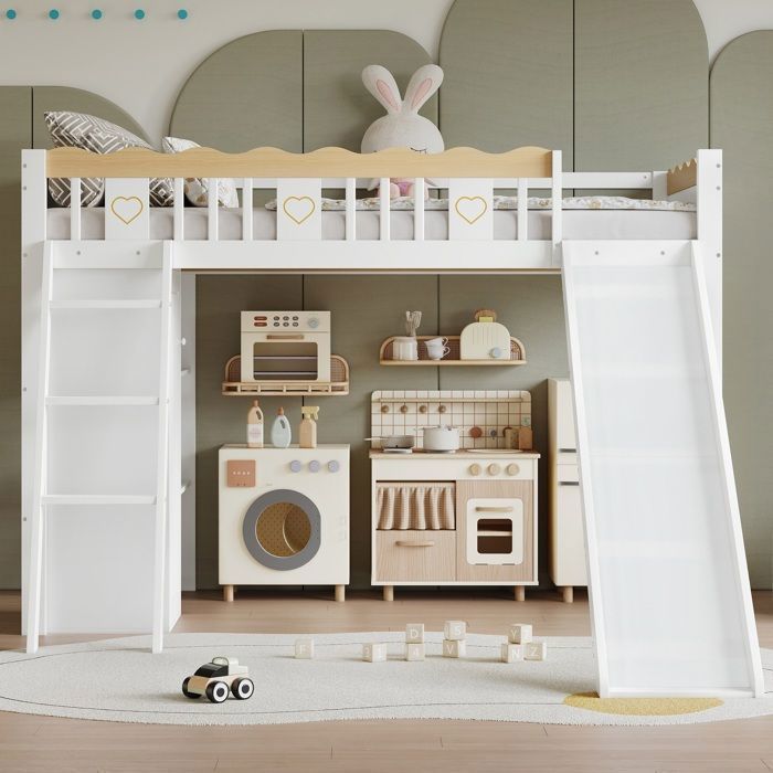 Lit mezzanine enfant 90x200 cm Lit simple en bois avec toboggan amoire étagères de rangement et sommier à lattes - blanc