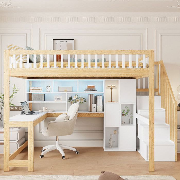 Lit Mezzanine 140x200 cm avec éClairage LED Lit Double avec éChelle de Rangement Lit Enfant avec Bureau Blanc + Couleur