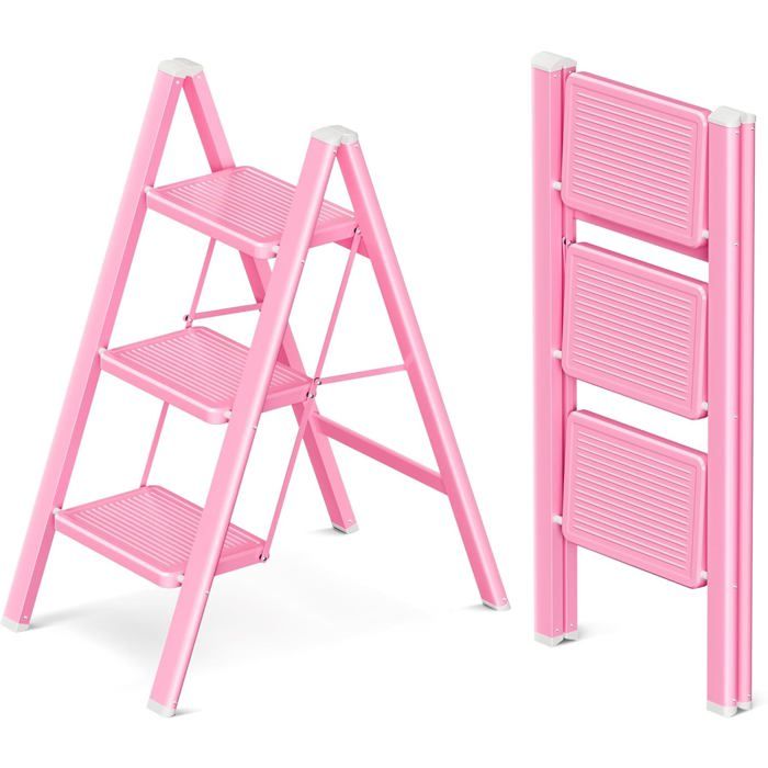 GameGem Escabeau Pliable 3 Marches Aluminium - Charge 150kg, Pédale Antidérapante Large, Léger Et Robuste Pour Maison Et Intérieur