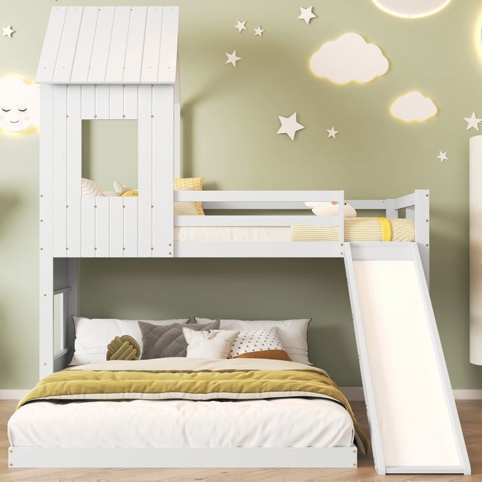 Lit Superposé Enfant - 90/140x200 cm - avec Toboggan et Échelle - lit Superposé - Bois de Pin - Avec rambarde sécurité - Blanc