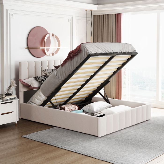 Lit coffre rembourré hydraulique 140x200 cm velours blanc crème – sommier 24 lattes tête réglable sans matelas