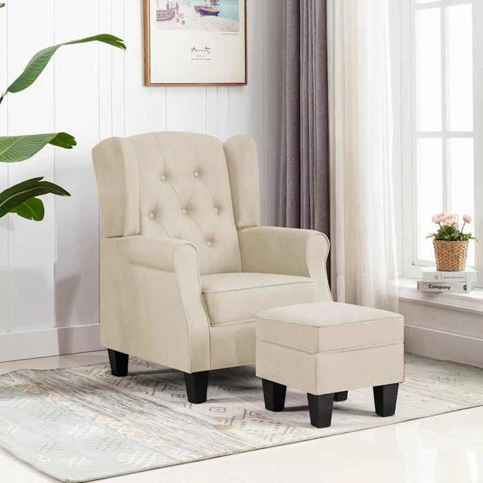 Fauteuil avec repose-pied - vidaXL - Crème - Tissu polyester - 68x78x94 cm - Dossier haut - Rembourrage mousse
