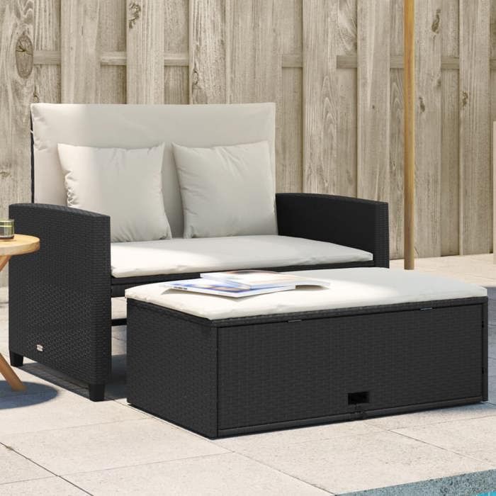 Canapé de jardin 2 places - Résine tressée - Noir - 115x75x91 cm - Convertible en lit - Coussins amovibles