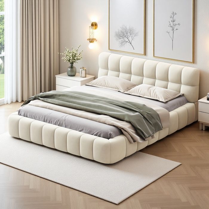 Cadre de Lit Bubble 140x190, Lit Rembourré avec Sommier à Lattes, Lits Double élégant, Lit Adulte, Lit Capitonne, Lin, Beige