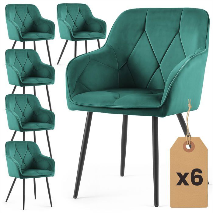 Lot de 6 Chaises en velours matelassées DIAMANTE Vert Bouteille pieds noirs Lot de 6 Chaises en velours matelassées DIAMANTE Vert Bouteille pieds noirs