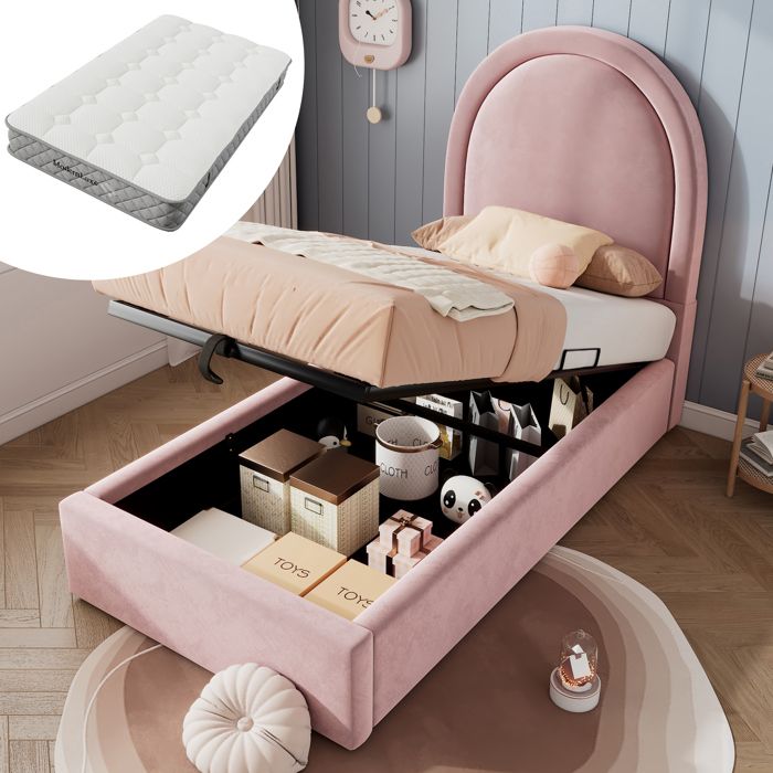 MEUBLIV Lit coffre capitonné 90x200cm aavec sommier à lattes et espace de rangement velours rose matelas inclus