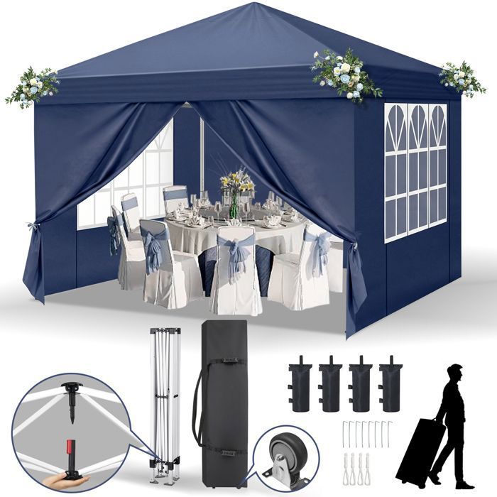 Tonnelle de jardinTente de Réception Chapiteau-3x3m，avec 4 sacs de lestage，Barnum Pliant，Tente pour Jardinbleu