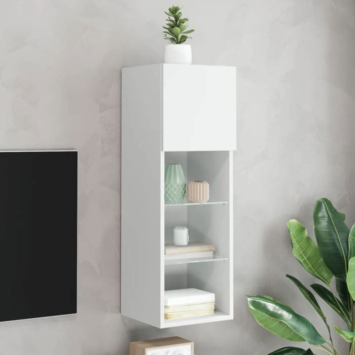 Blanc Meuble TV avec lumières LED blanc 305x30x90 cm - ARMOIRE TV H10796
