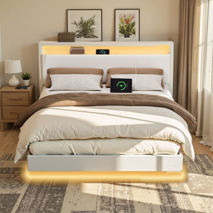 Lit complet 1401 x 1901 cm Cadre Flottant avec Éclairage LED Tête Haute Multiprise Pas de matelas Blanc et Noir