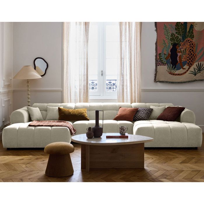 Ray - canapé panoramique en U 7 places en tissu texturé - Beige