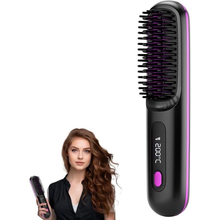 Brosse lissante sans fil-Brosse à cheveux électrique-Brosse lissante portable pour coiffer les cheveux-Avec affichage de la