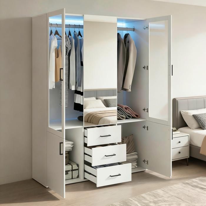 Armoire de Chambre avec LED et Miroir Armoire Blanc 4 Portes Vitrées avec 3Tiroirs Penderie Rangement Multifonction 130x52x182cm