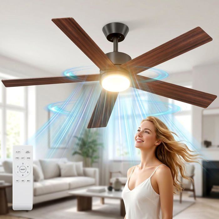132 cm Ventilateur de Plafond avec Lumière et Télécommande Moteur DC Réversible Silencieux 5 Pales 6 Vitesses LED Lampe