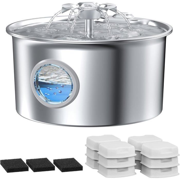 Fontaine à Eau Automatique pour Chats INOX 26L - Cascade Fleurie Silencieuse Fenêtre de Niveau - Kit 6 Filtres + 3 Éponges Inclus