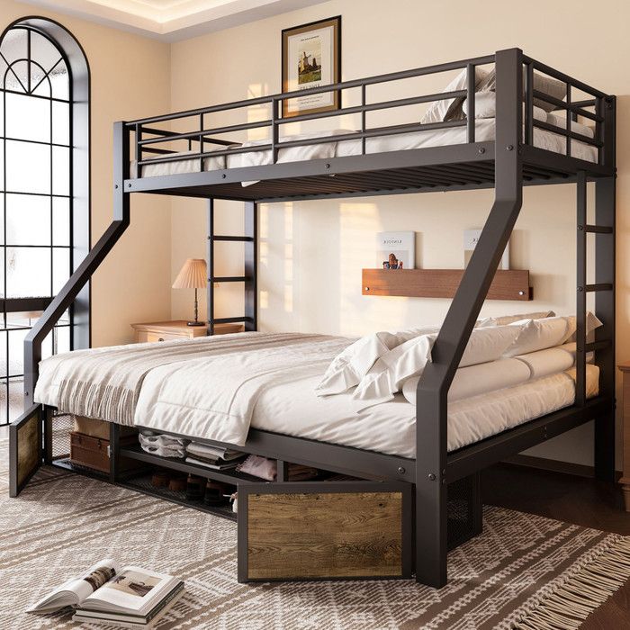Lit superposé avec lit supérieur 90x200 et inférieur 140x200 Lit enfant avec étagère à chaussures et rangements Fer Noir
