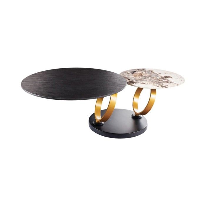Table basse SOLYNE 134 cm noire avec plateaux rotatifs effet marbre et anneaux dorés Table basse SOLYNE 134 cm noire avec plateaux rotatifs effet marbre et anneaux dorés