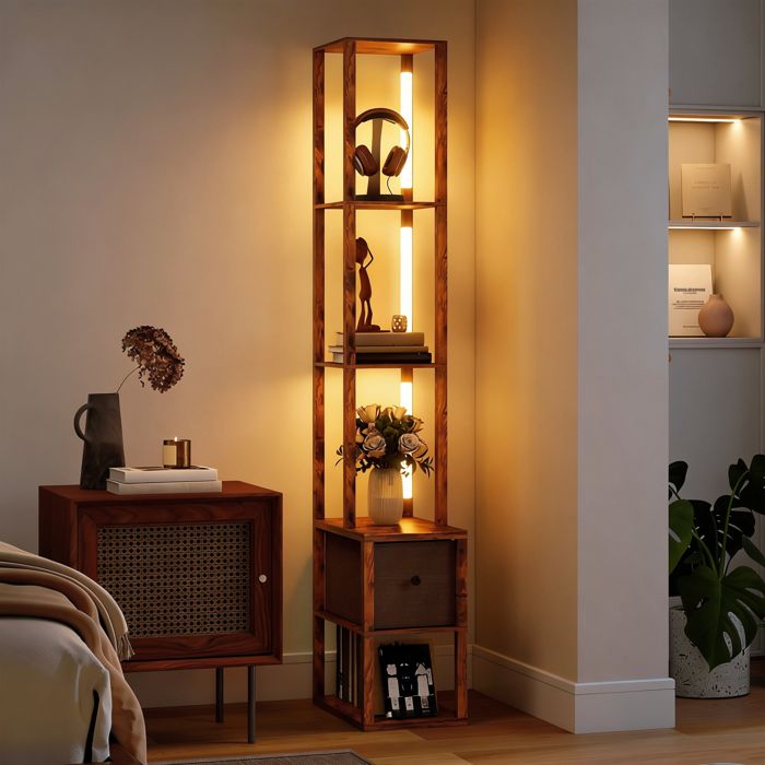 Lampadaire LED avec étagères luminosité réglable interrupteur au pied marron rustique pour chambre