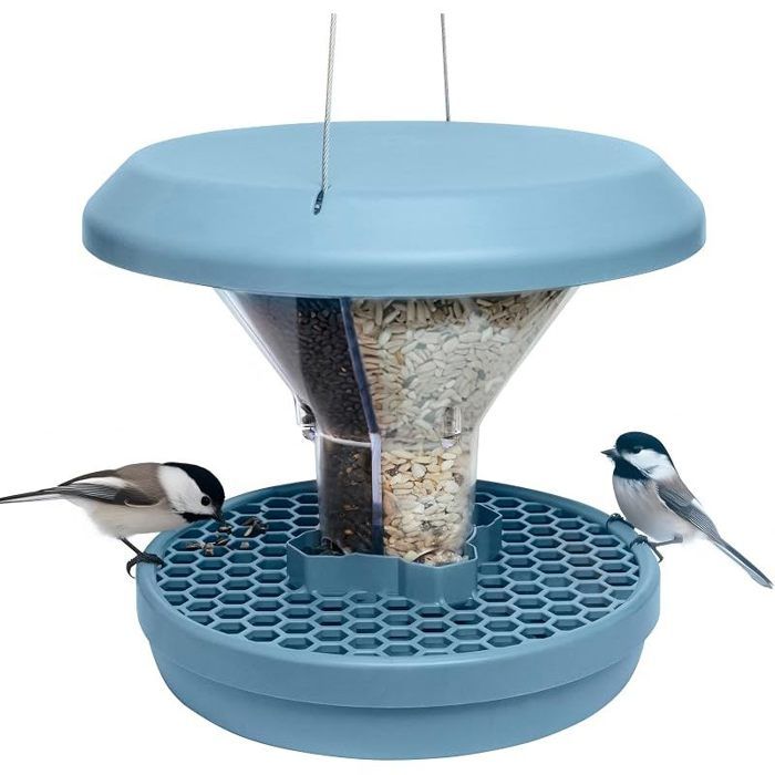 Mangeoire Oiseaux Extérieur à Suspendre Anti Rats et Souris avec Plateau Récupérateur - Distributeur Graines pour – Bleu Clair