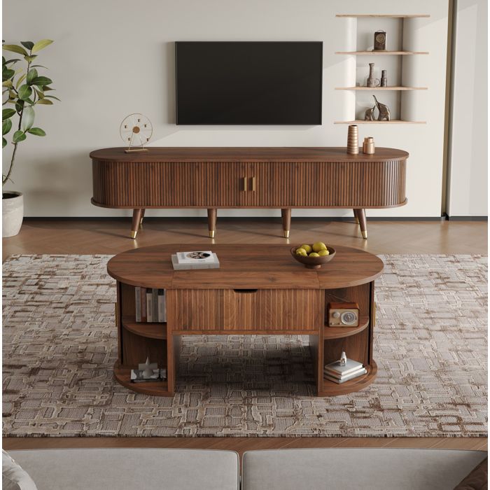 Ensemble salon 2 pièces noyer avec meuble TV et table basse relevable portes coulissantes et pieds en bois massif