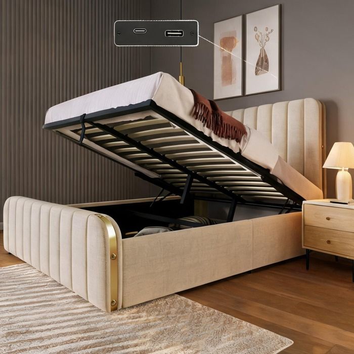 Lit gigogne 140x190 cm revêtement en lin beige sommier relevable hydraulique USB-C charge 181 kg