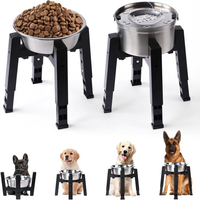 Lot De 2 Supports De Gamelle Pour Chien Avec Gamelle DAlimentation Et DEau Support Surélevé Réglable En Hauteur Et Largeur[AT48]