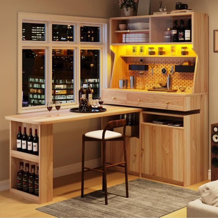 Meuble bar haut 137 x 74 x 1777 cm - bureau intégré - LED via application - portes vitrées - pegboard - bois naturel