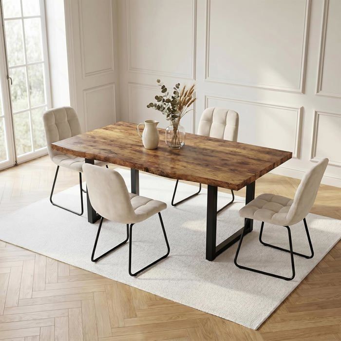 JIEXI Ensemble Table et 4 Chaises Bois Rustique et Velours Beige 160x80cm 5 Pièces Bois Vieilli en Métal Noir
