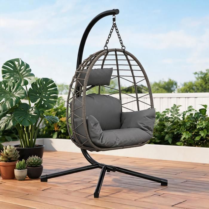 Fauteuil Œuf Suspendu 196x105cm – Balancelle Pliable Coussins Inclus Support Inclus Tressage en Rotin Idéal pour Jardin/Terrasse