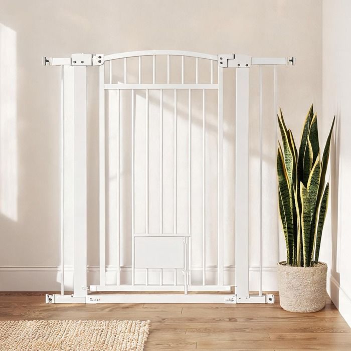 Barrière de sécurité ajustable 76-104 cm avec porte pour chat acier blanc