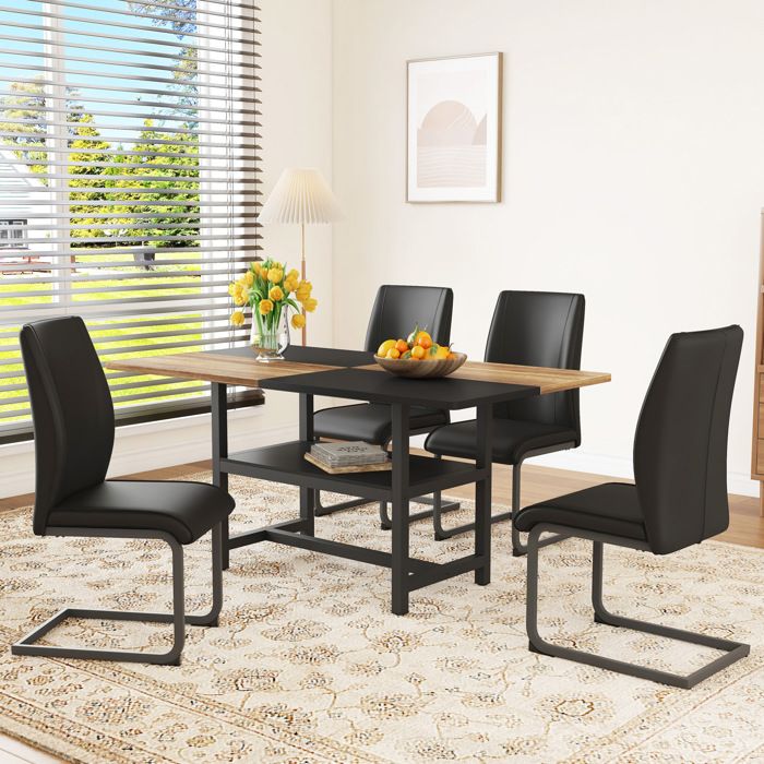 Ensemble table a manger rectangulaire 160x90x76 cm avec etagere integree et 4 chaises noires en simili cuir