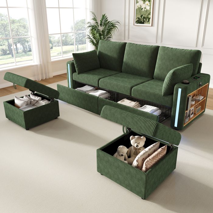 Canapé d’angle modulable avec éclairage LED coffre de rangement poufs charge USB-C canapé salon moderne  vert
