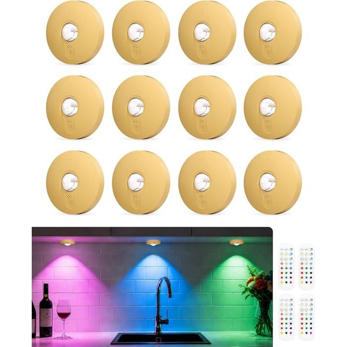 Lot de 12 Lampes RGB Rechargeables avec Télécommande LED Spot Sans Fil gold mpe de cuisine sous pcard avec ba ECLAIRAGE DE MEUBLE