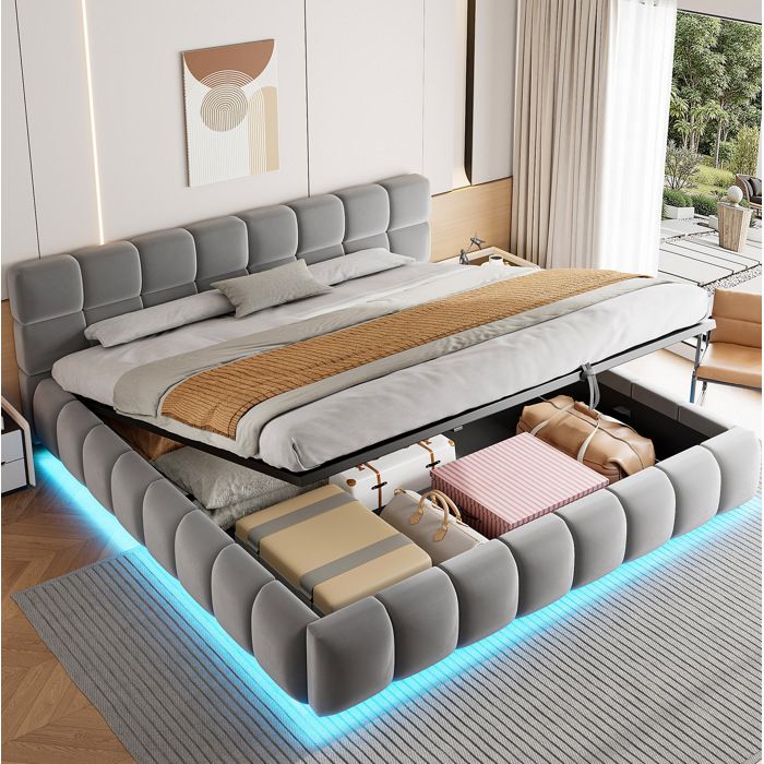 Lit coffre hydraulique 180x200 cm LED intégrée tête de lit rembourrée velours gris sommier à lattes JOINERY