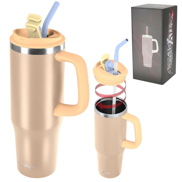 Gobelet thermique isotherme avec paille et poignée pour café thé étanche 1200ml - beige