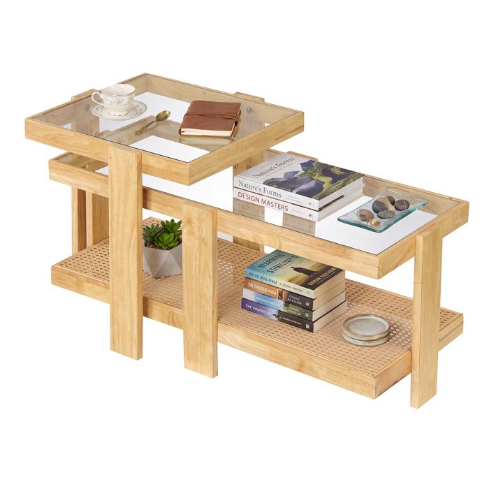GIANTEX Table Basse Gigogne en Bois Bout de Canapé en Rotin PE avec Plateau en Verre Trempé 90 X 40 X 40 CM Style Bohème GIANTEX Table Basse Gigogne en Bois Bout de Canapé en Rotin PE avec Plateau en Verre Trempé 90 X 40 X 40 CM Style Bohème