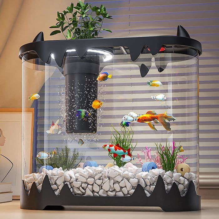 Aquarium Complet Noir avec Filtration Integree Pompe et Eclairage Accessoires de Decoration pour Poissons