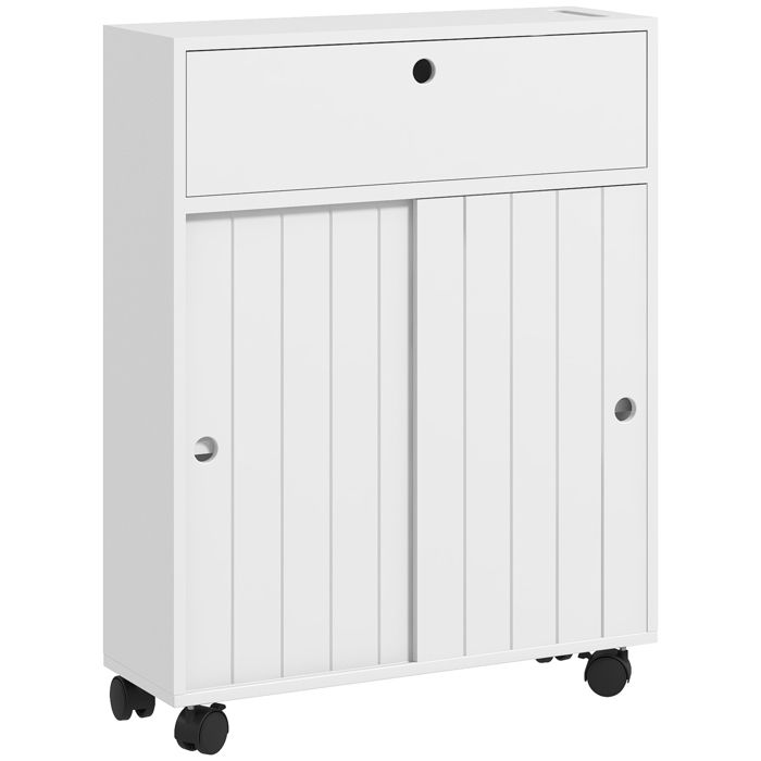 Armoire de Salle de Bain - Meuble WC sur Roulettes Portes Coulissantes Multi-Compartiments - 52 x 17 x 67 cm - Blanc