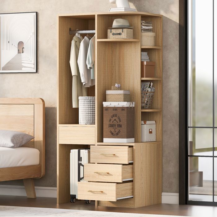 MERAX Armoire à Vêtements - Effet Bois Naturel - avec Tiroirs et Étagères 70 x 55 x 175 cm Vestiaire pour Chambre Entrée MERAX Armoire à Vêtements - Effet Bois Naturel - avec Tiroirs et Étagères 70 x 55 x 175 cm Vestiaire pour Chambre Entrée