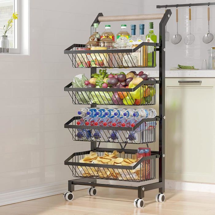 Chariot Rangement En Treillis Métallique À Roulettes Verrouillables Poignées Desserte Pour Maison Cuisine Et Salle De Bain