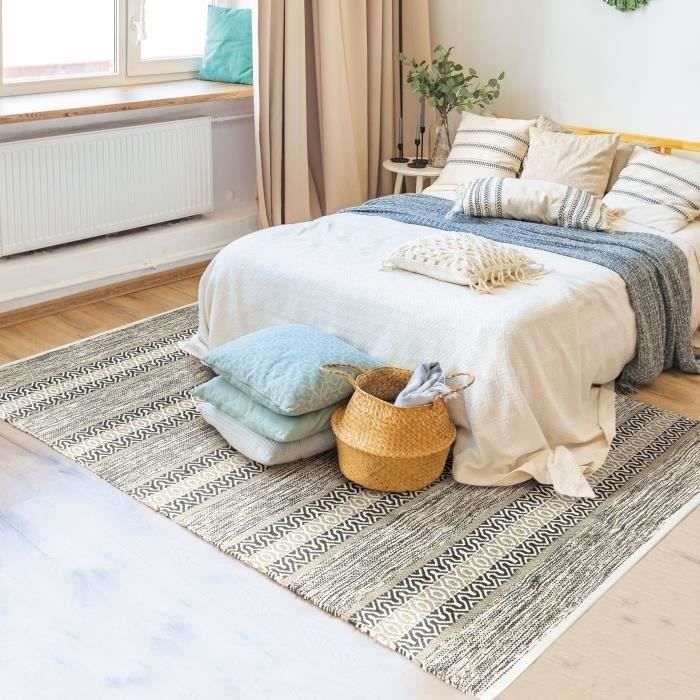 tapis terra 160 x 230 cm bande ethno blanc et sable achat vente tapis coton cdiscount