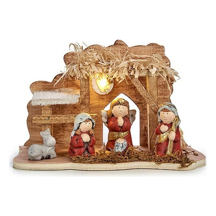 Crèche de noël lumière led céramique rouge gris bois marron (24,5 x 14 
